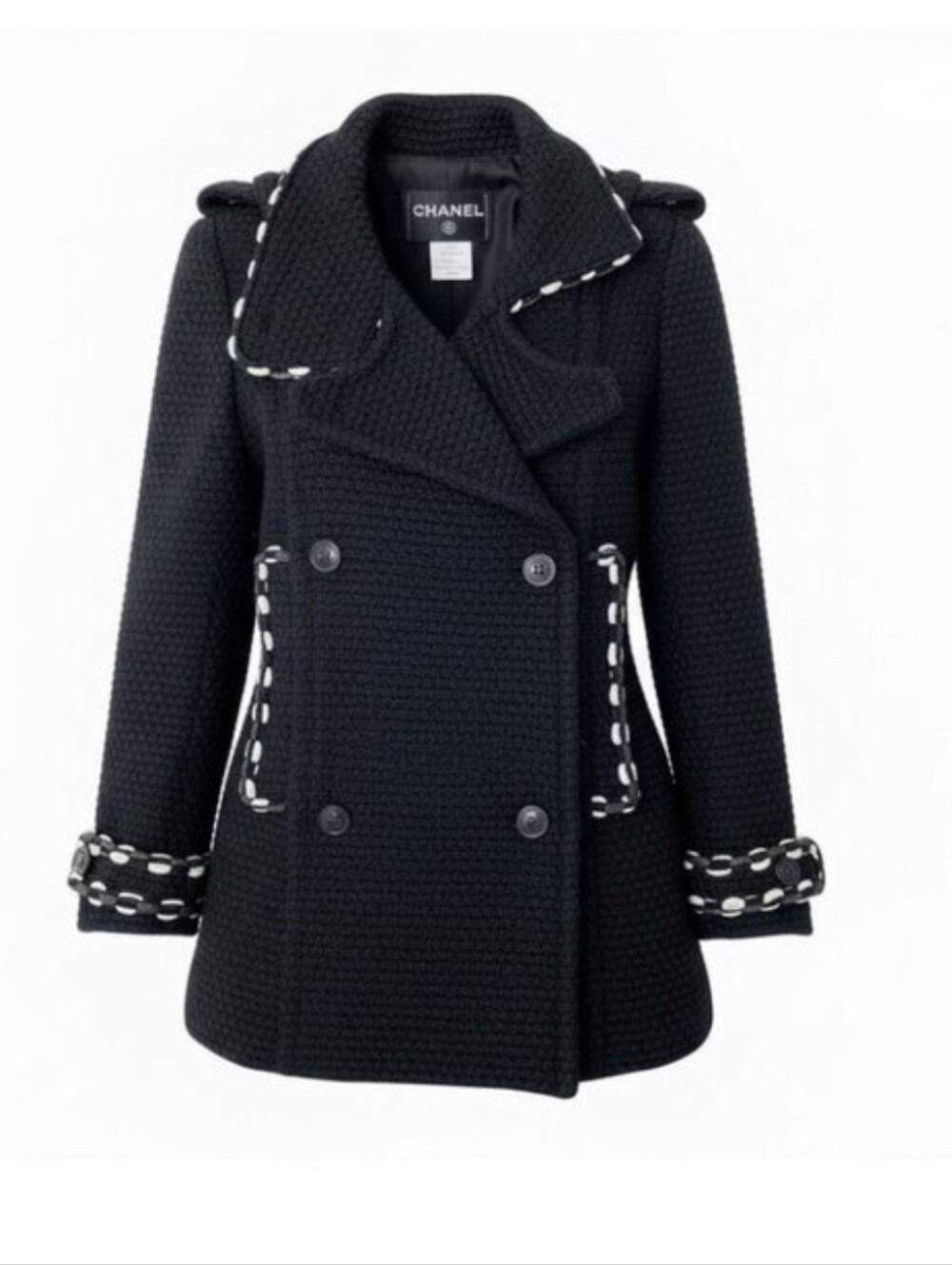Chanel $6,900 Vintage Wool Tweed Knit Peacoat Size 36 (US 4)  Black White Trim